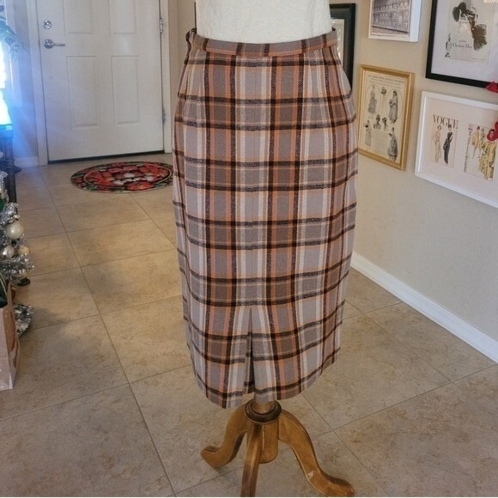 Vintage 70s Garland Plaid Wool Midi Pencil Skirt Tan Brown Orange High Waist M - Picture 4 of 6